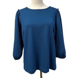 Ann Taylor Puff Sleeve Textured 3/4 Sleeve Blouse Blue Womens small spring‎